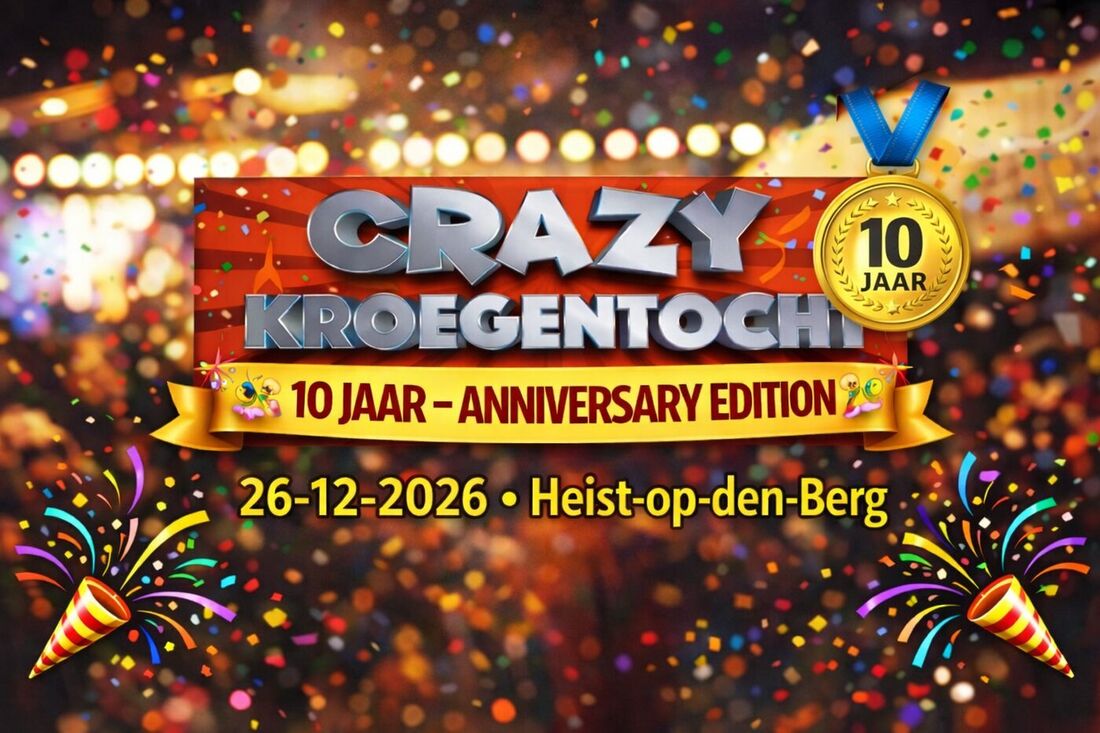 Officiële affiche Crazy Kroegentocht 2026 — 10 Jaar Anniversary Edition, 26-12-2026, Heist-op-den-Berg